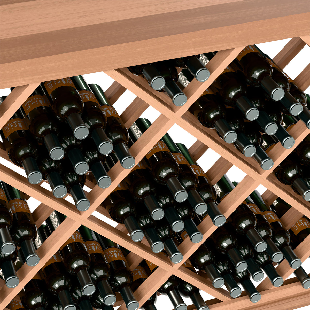 Close-up of half-height lattice wine bin with light wood lattice holding dark bottles