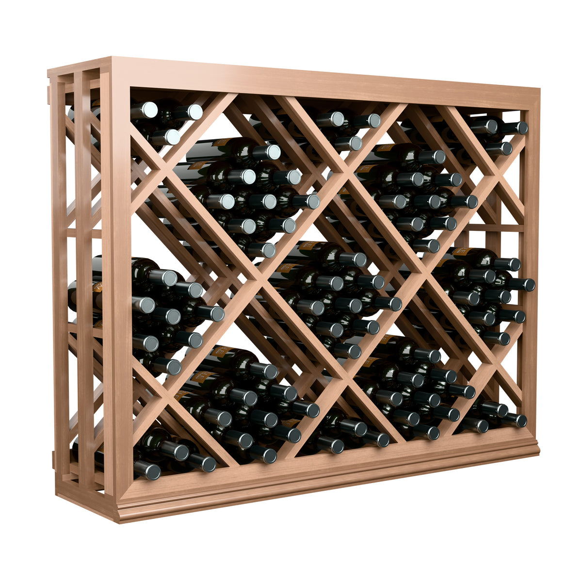 Half-height lattice diamond wine bottle bin with crisscross lattice and bottle rows