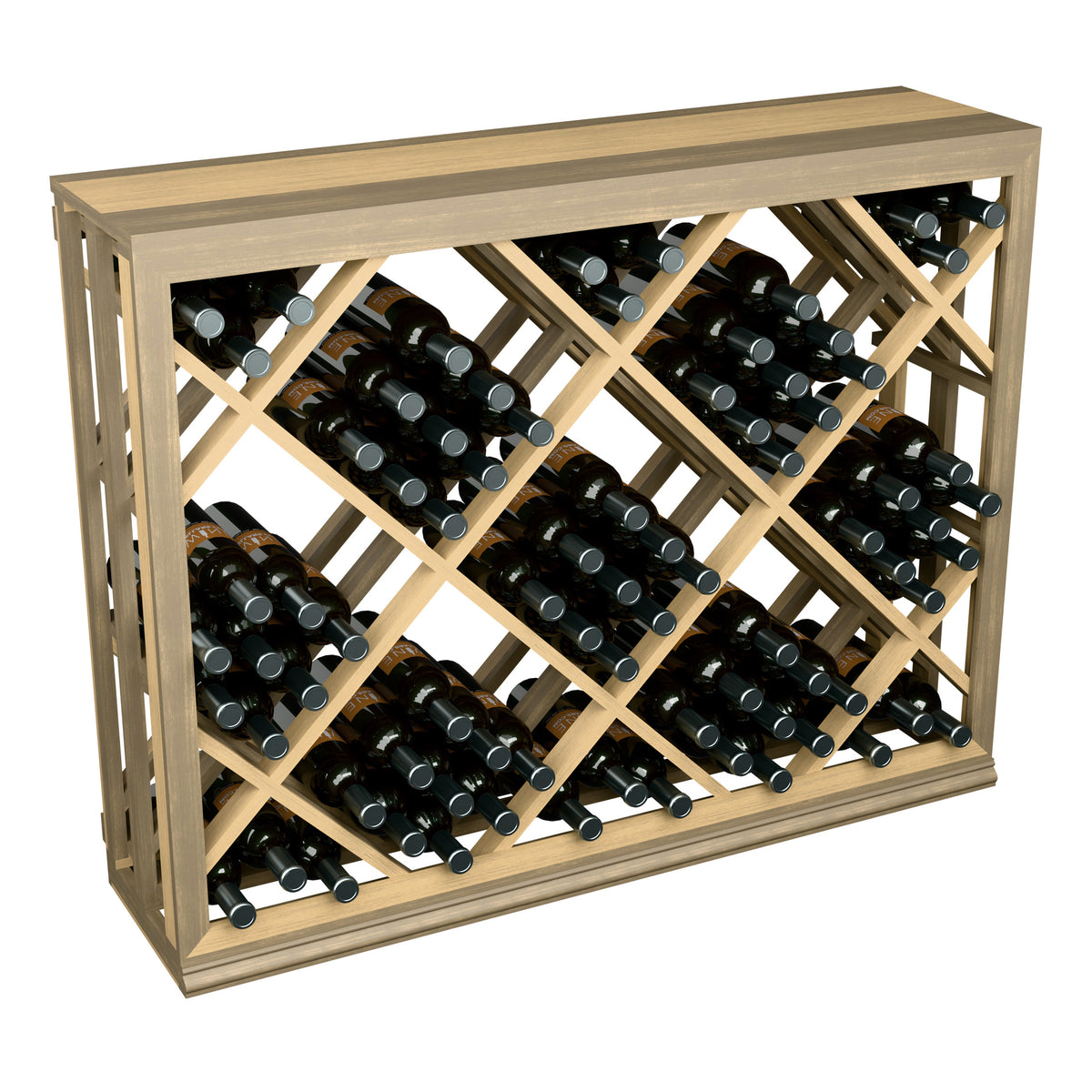 Half-height lattice diamond wine bottle bin in light wood with diagonal bottle storage