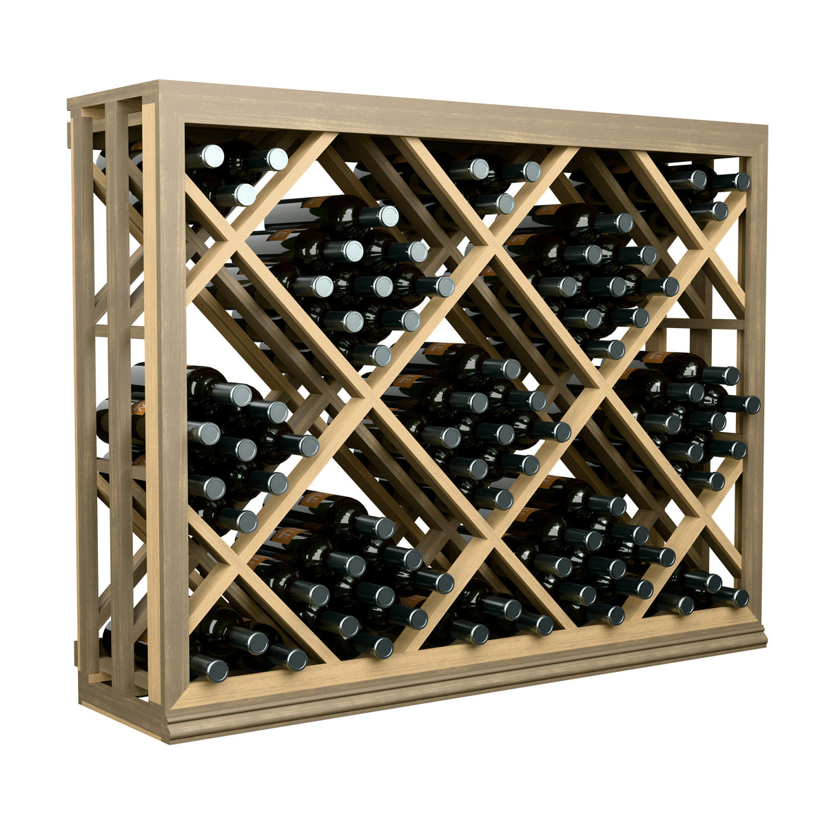 Half-height lattice diamond wine bottle bin with crisscross lattice and filled wine slots