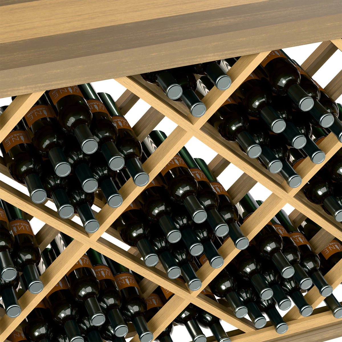 Half-height wine bottle rack with diamond lattice and capped bottles in light wood slots