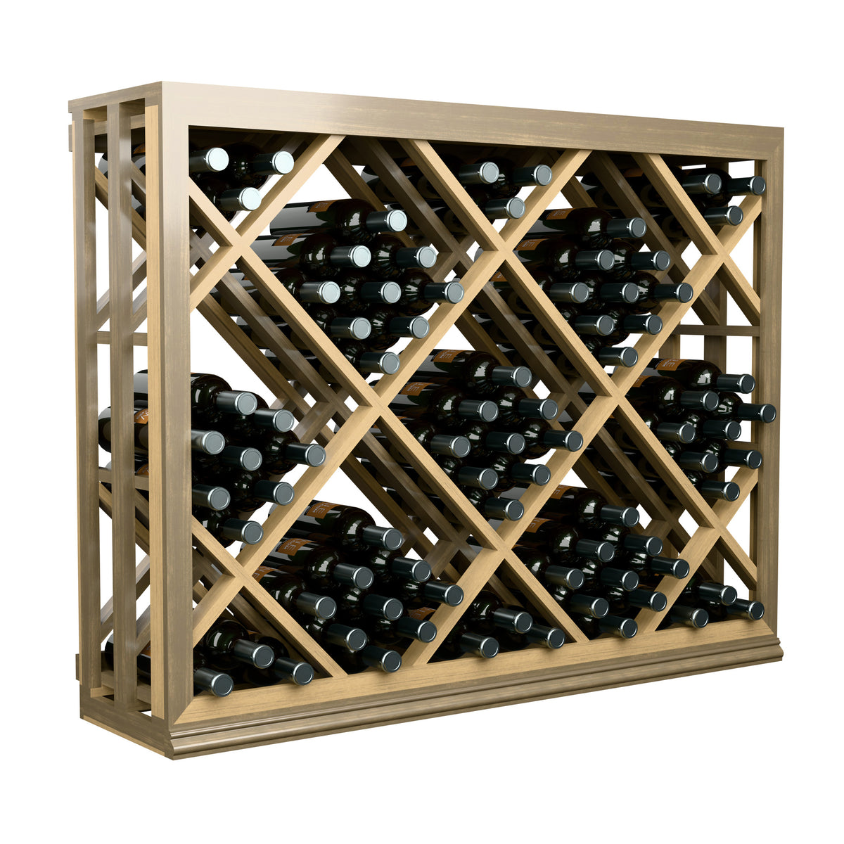 Half-height wine bottle rack with diamond lattice back and light wood frame, bottles inside