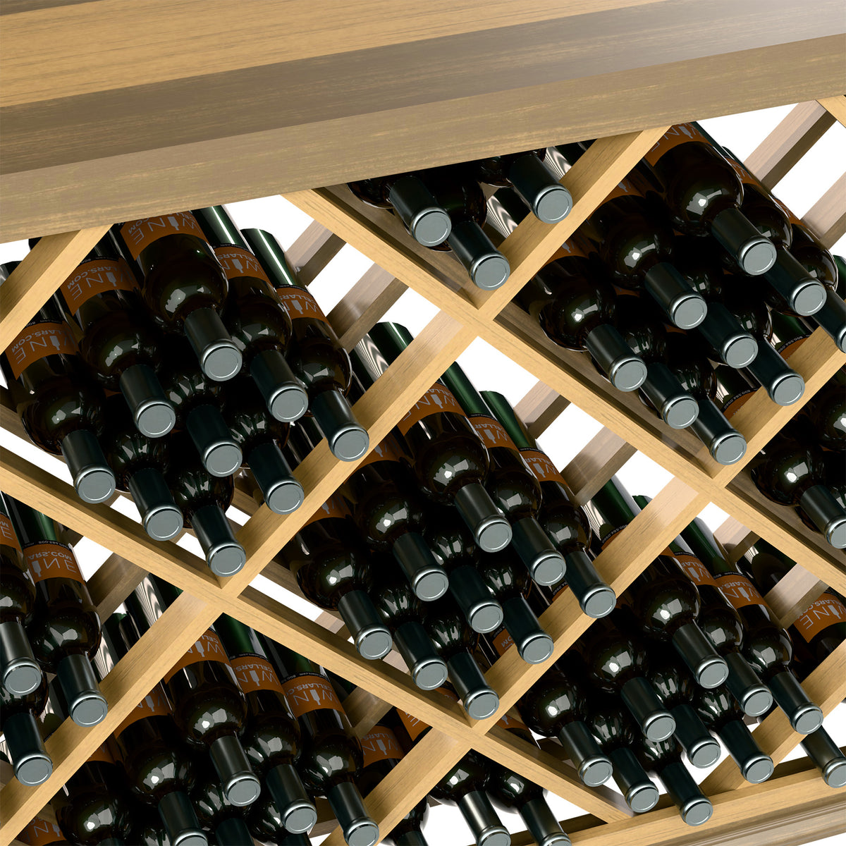 Close view of half-height wine bottle rack with diamond lattice in light wood and gray bottle caps