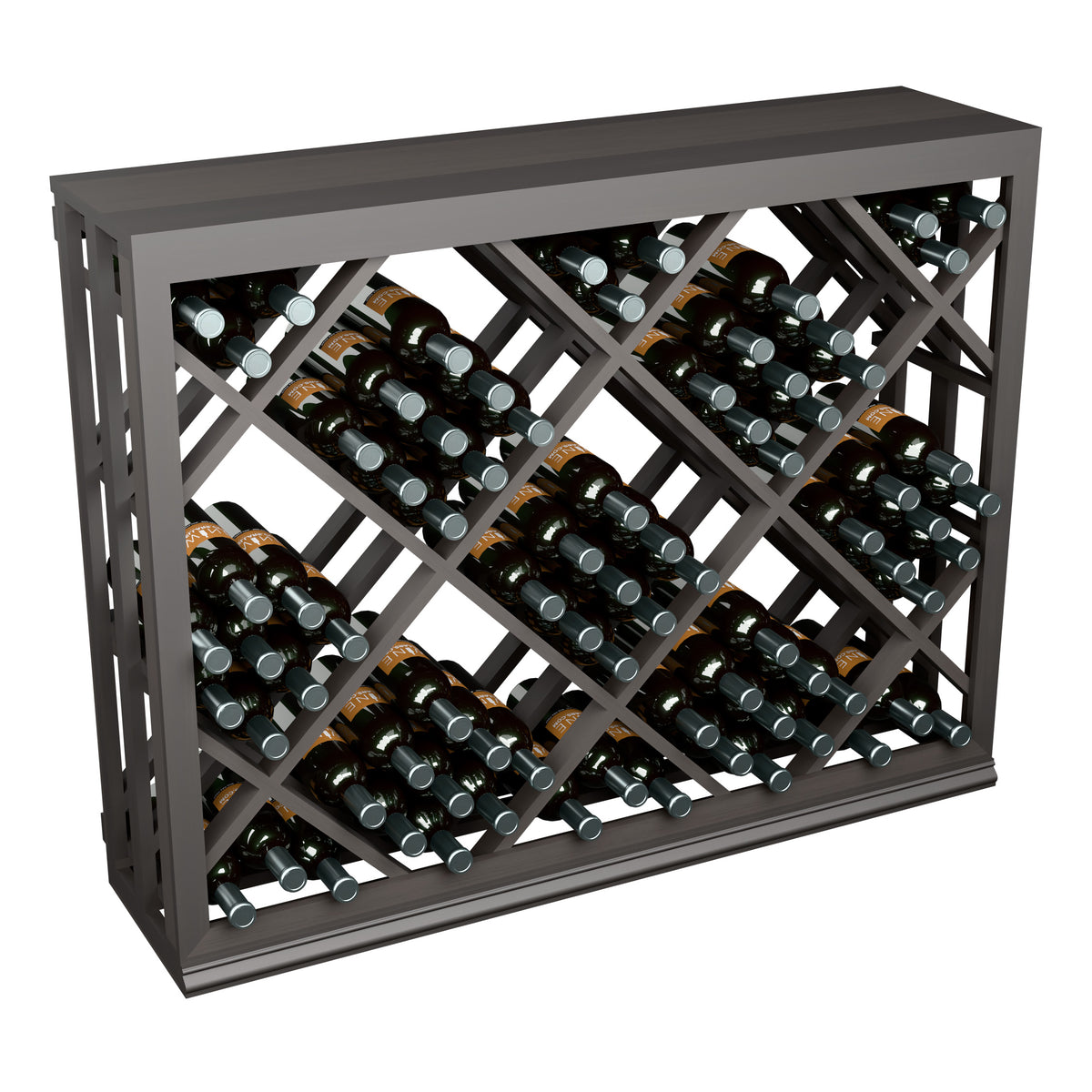 Half-height wine bottle storage rack with diamond lattice, dark wood frame, bottles in rows