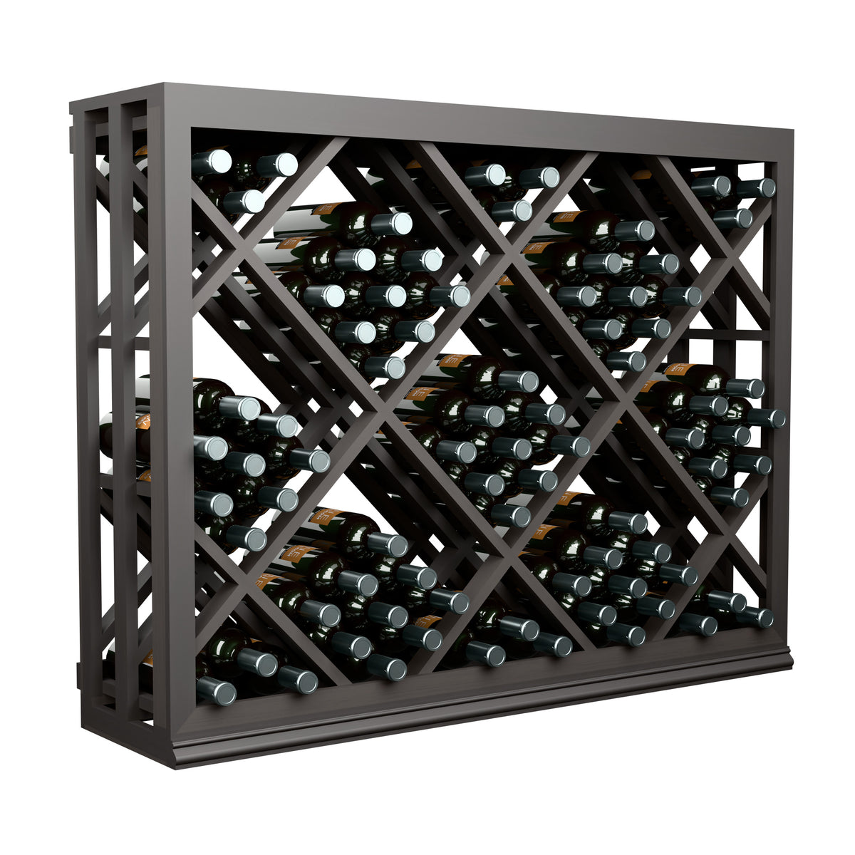 Half-height wine bottle rack with diamond lattice, dark frame, bottles stored across compartments
