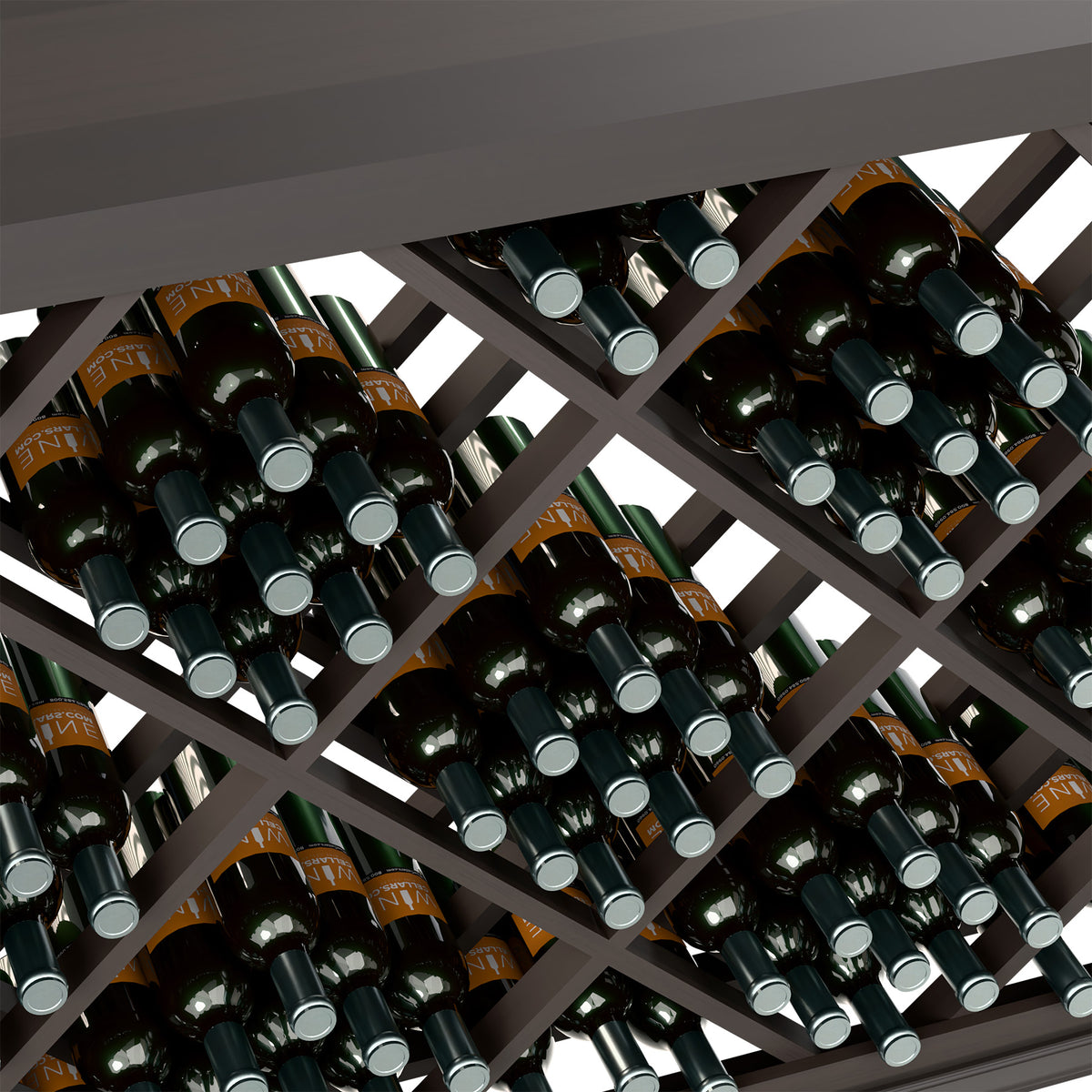Close view of half-height wine bottle rack with diamond lattice in dark finish and bottle necks