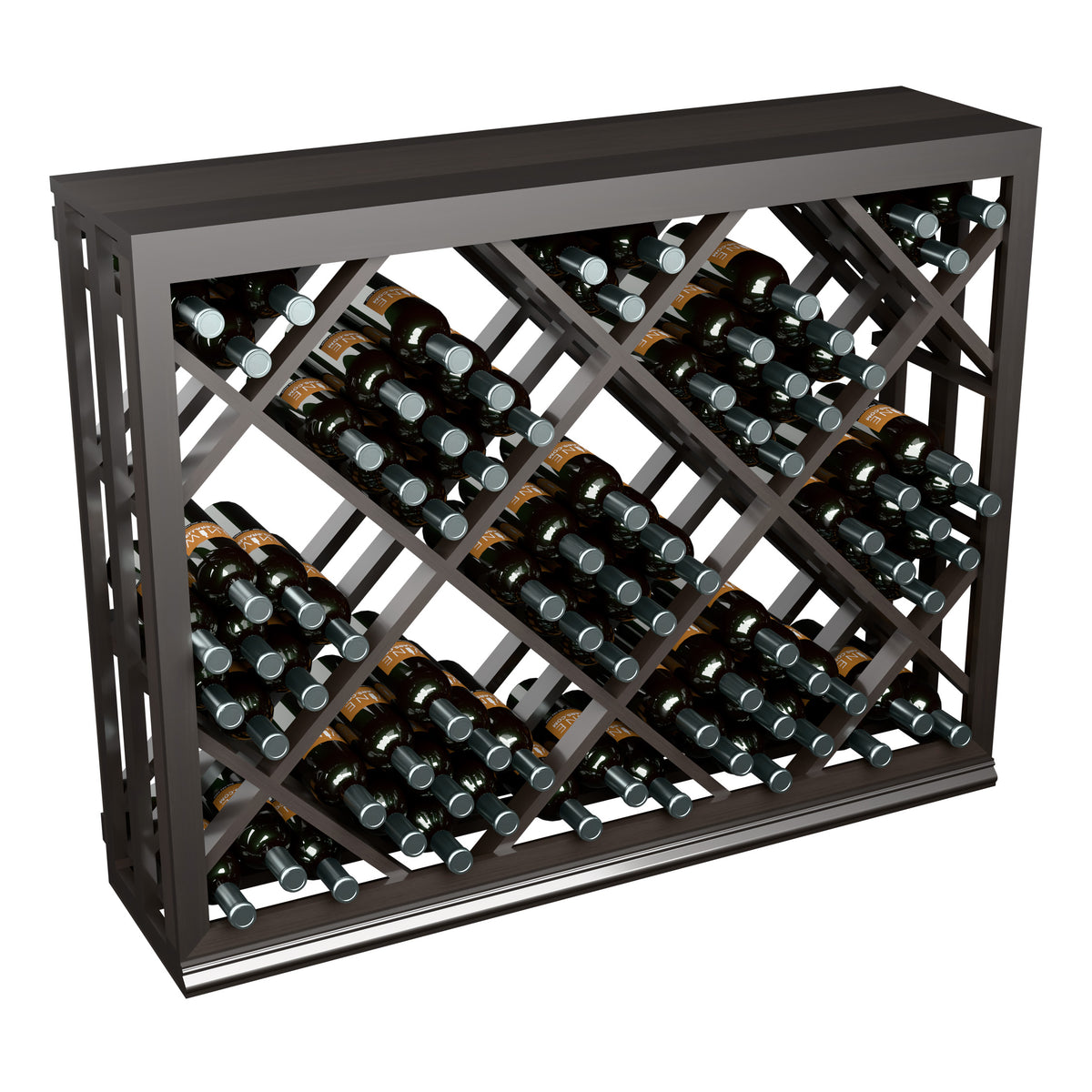 Half-height wine bottle storage rack with diamond lattice, dark frame, multiple bottles on display