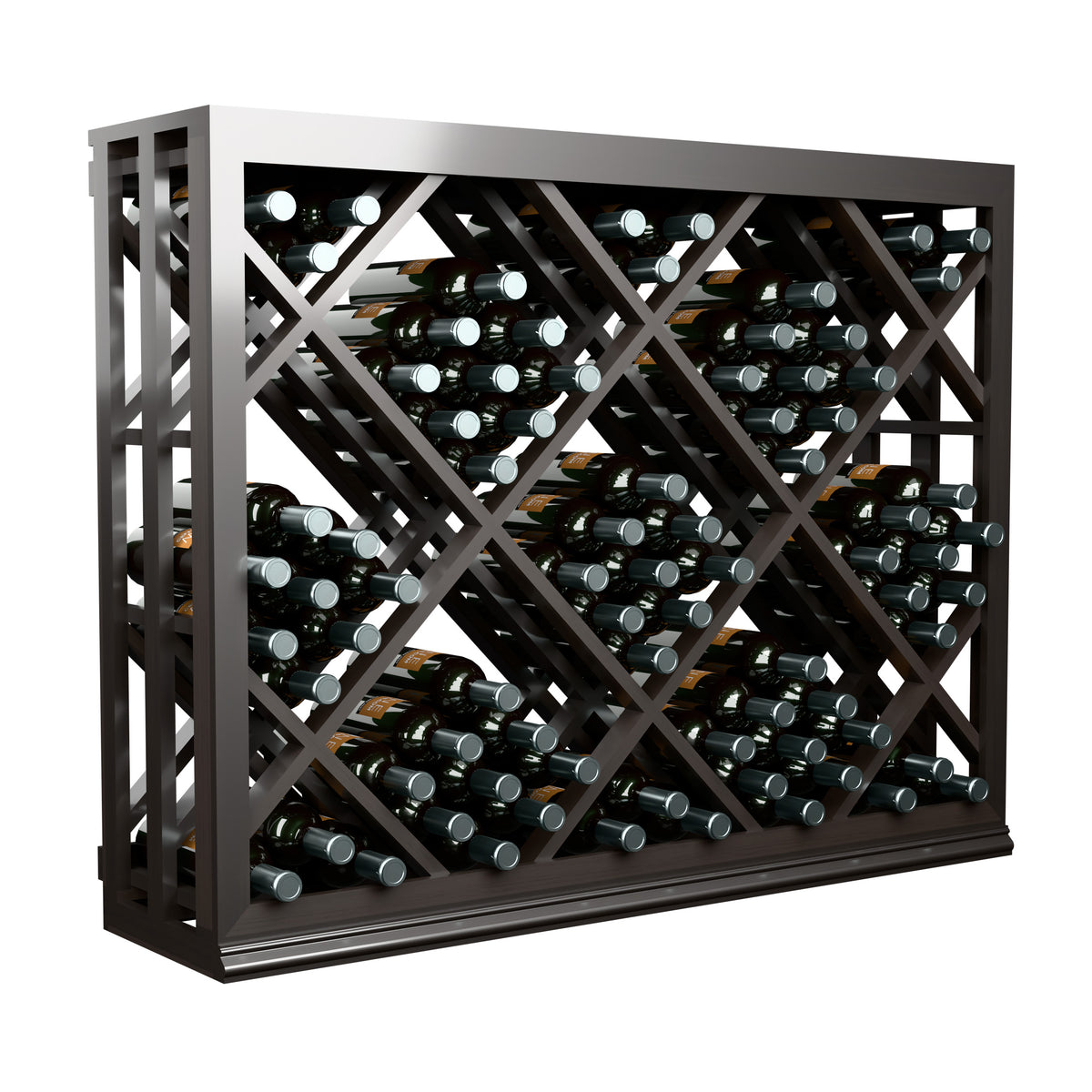 Half-height wine bottle rack with diamond lattice in dark finish, bottles arranged in grid