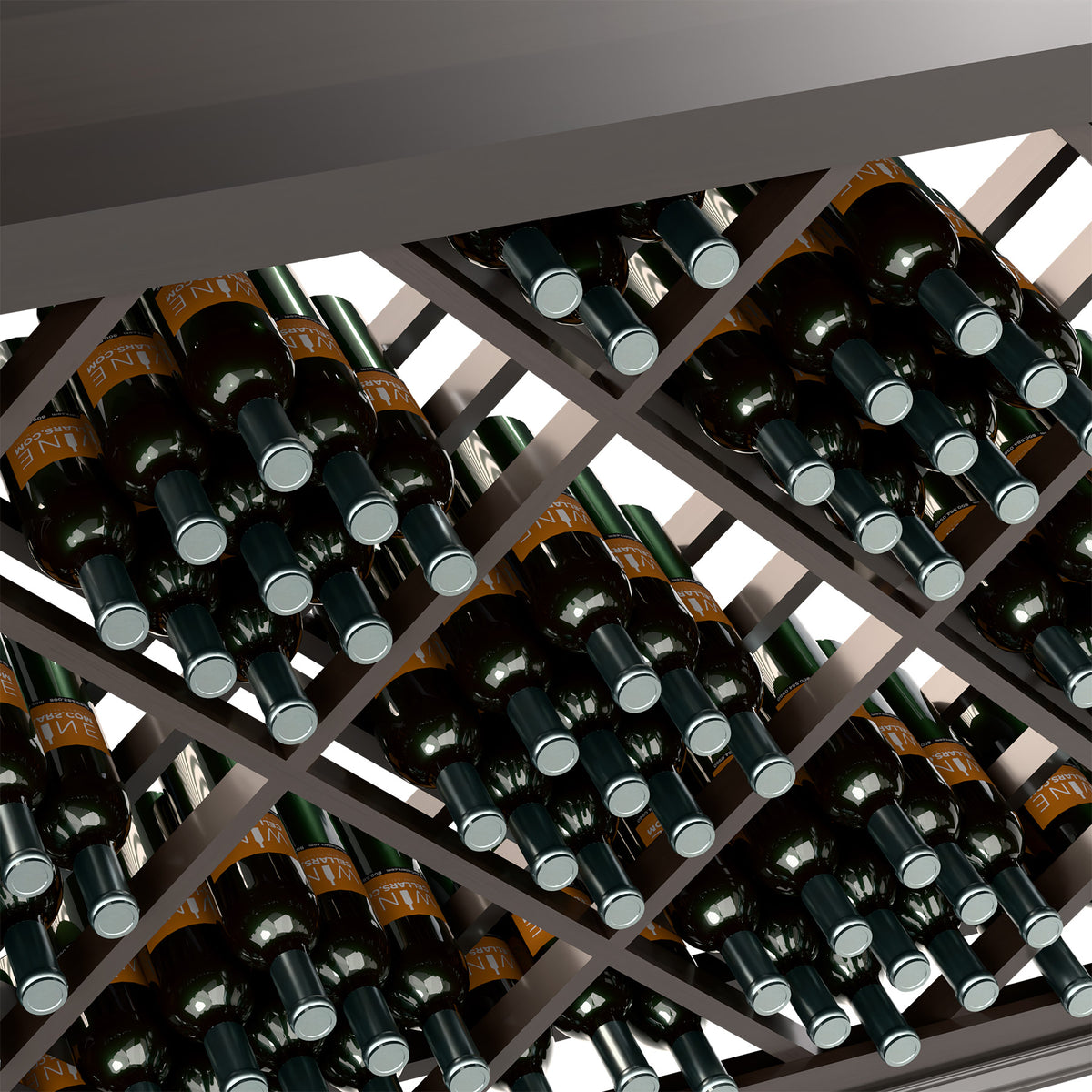 Close view of half-height wine bottle rack with diamond lattice, dark frame, bottles with caps