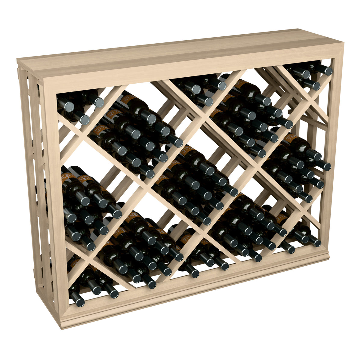 Half-height wine bottle rack with diamond lattice, light wood frame holding wine bottles