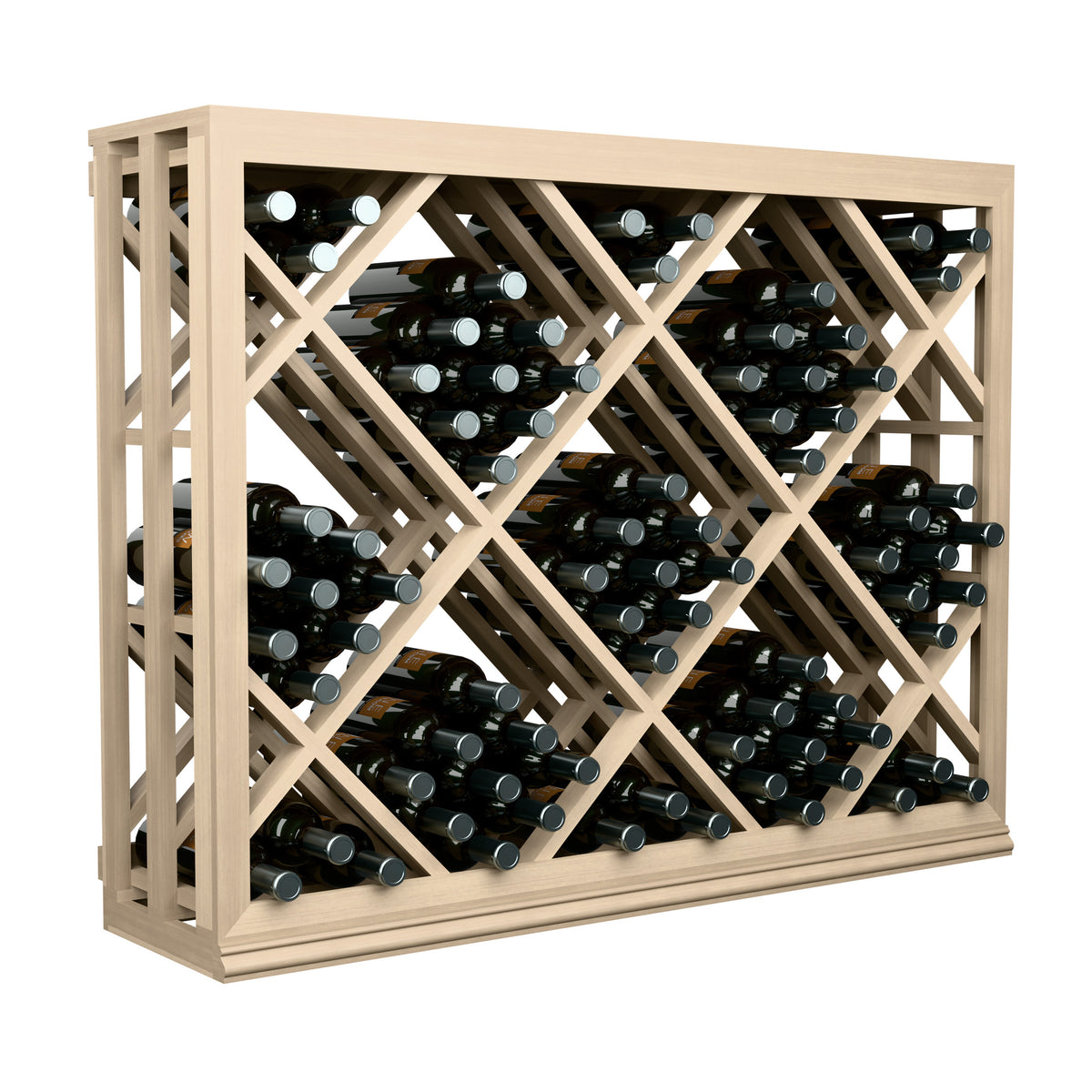 Half-height wine bottle rack with crisscross lattice, light wood frame and filled wine bottles