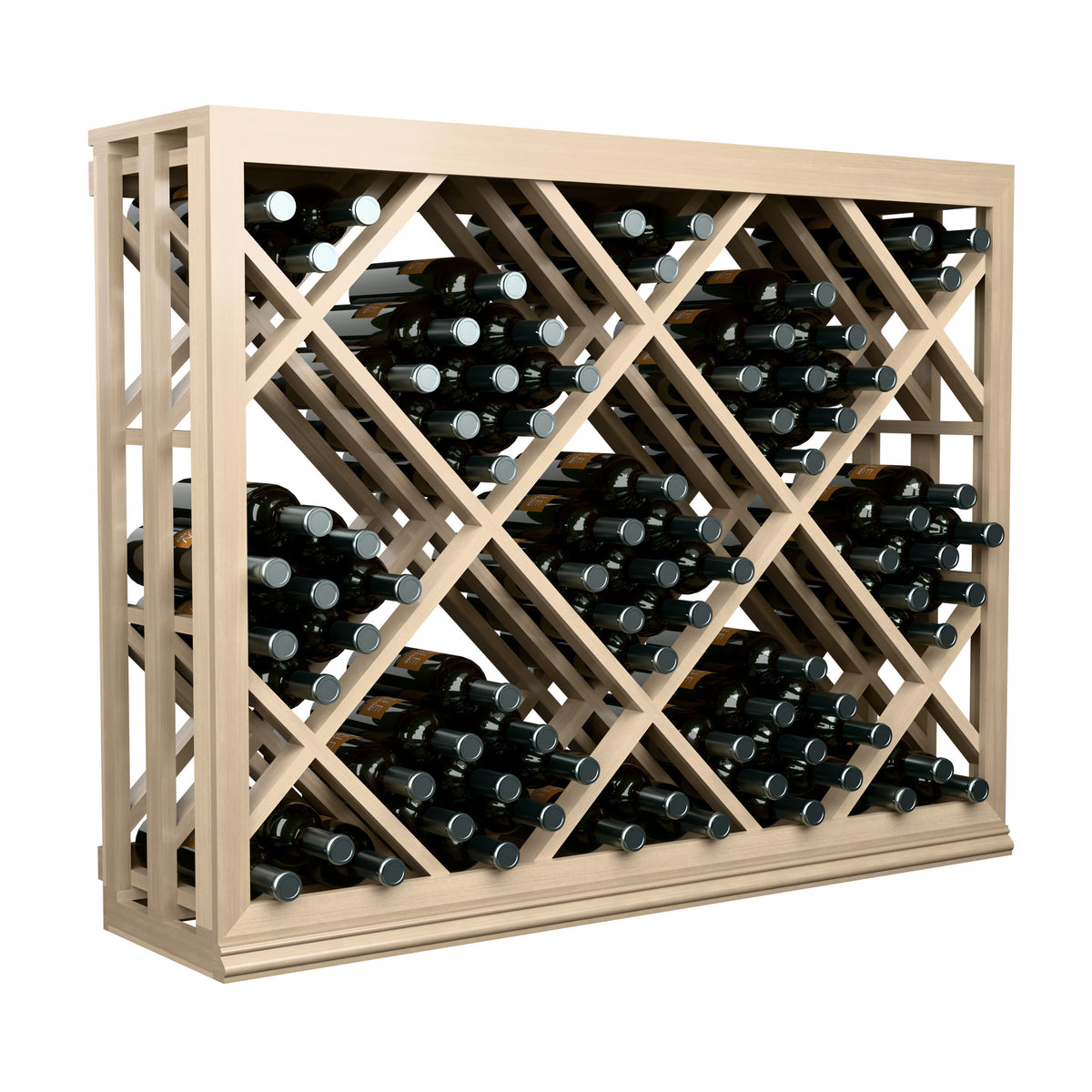 Half-height wine bottle rack with diamond grid lattice, light wood frame and wine bottles