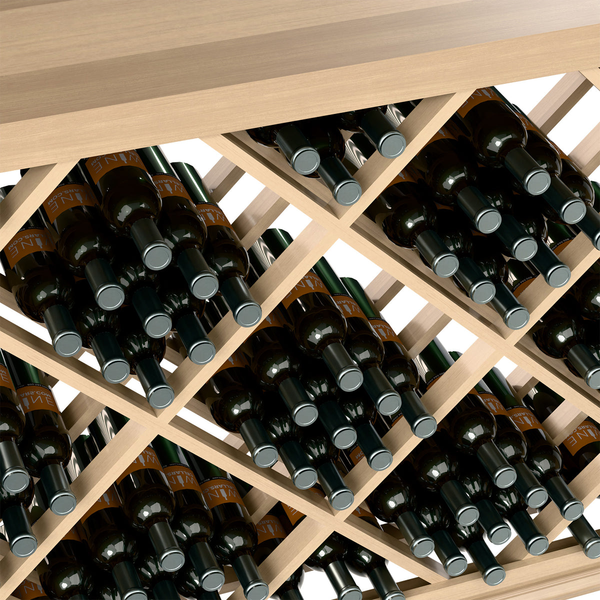 Half-height wine bottle rack close-up: wine bottles in diamond lattice compartments