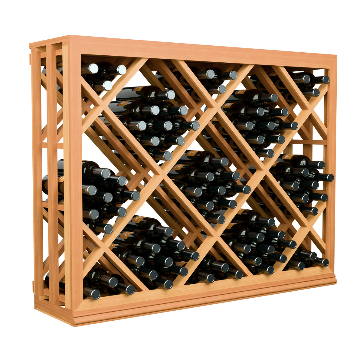 Half-height wine bottle rack with crisscross diamond lattice, warm wood frame and bottles