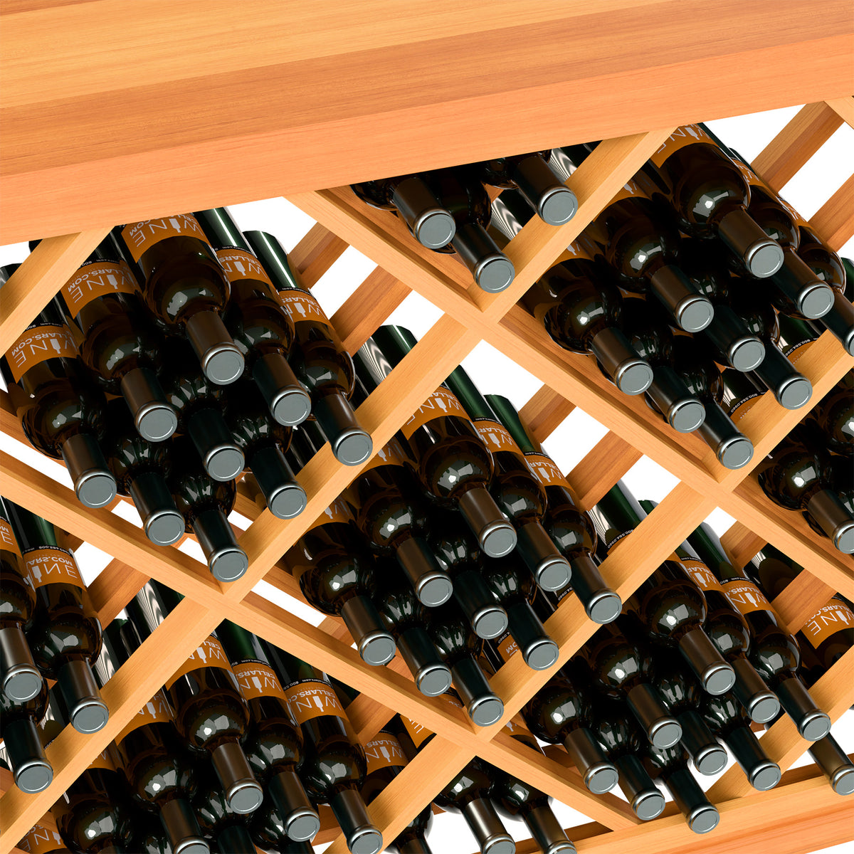 Half-height wine bottle rack close-up: wine bottles arranged in diamond lattice openings