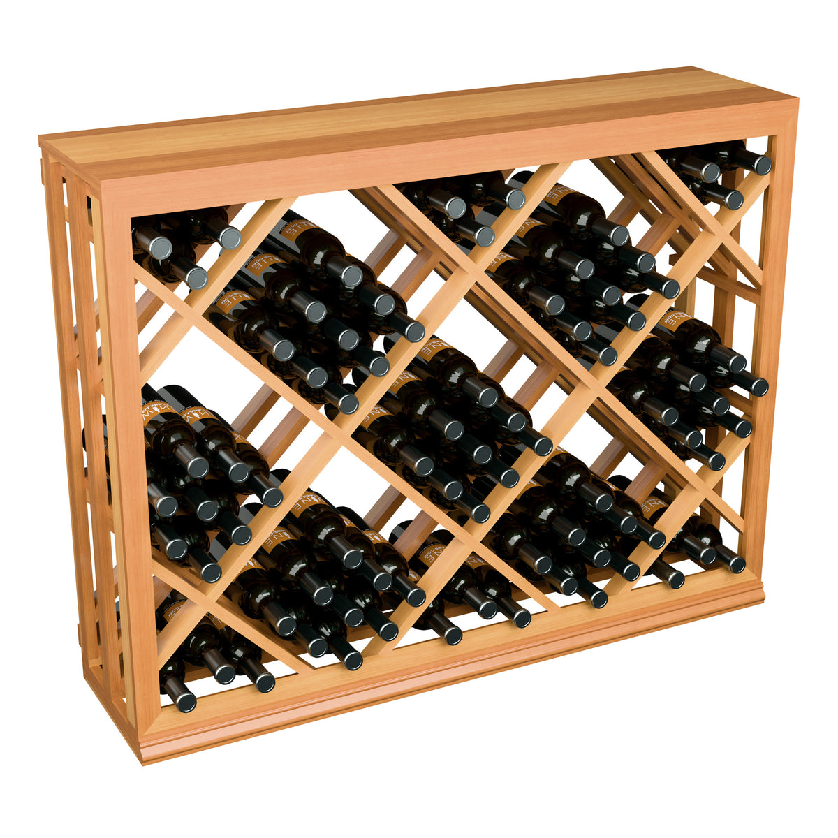 Half-height wine bottle rack with diamond lattice, warm wood frame holding wine bottles