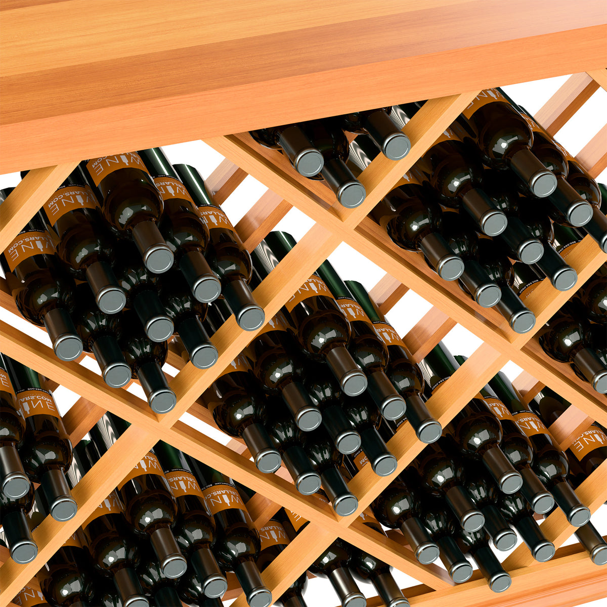 Light wood lattice wine bottle rack detail with diamond pattern and bottle rows