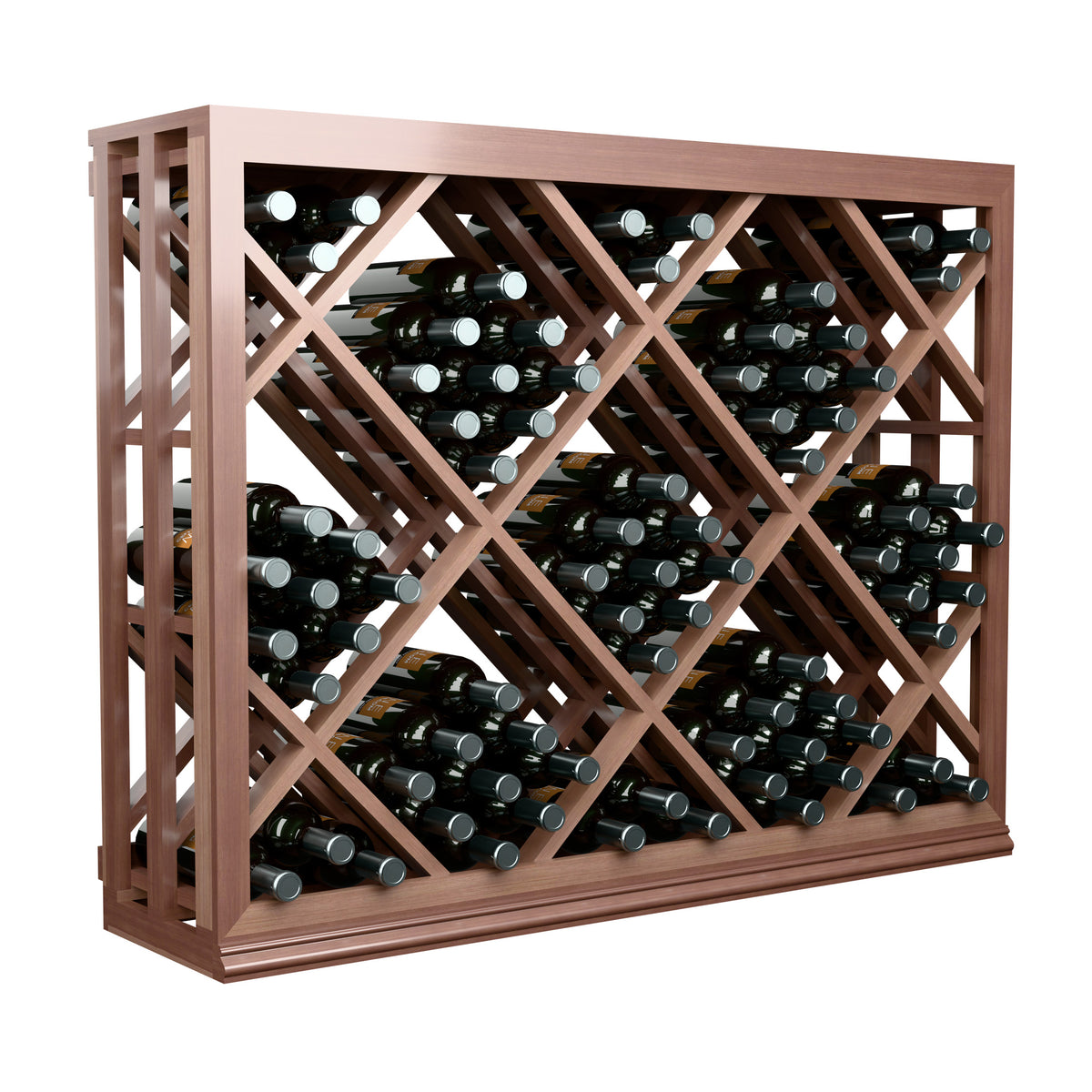 Warm-toned wood lattice wine bottle rack with diamond crisscross half-height storage