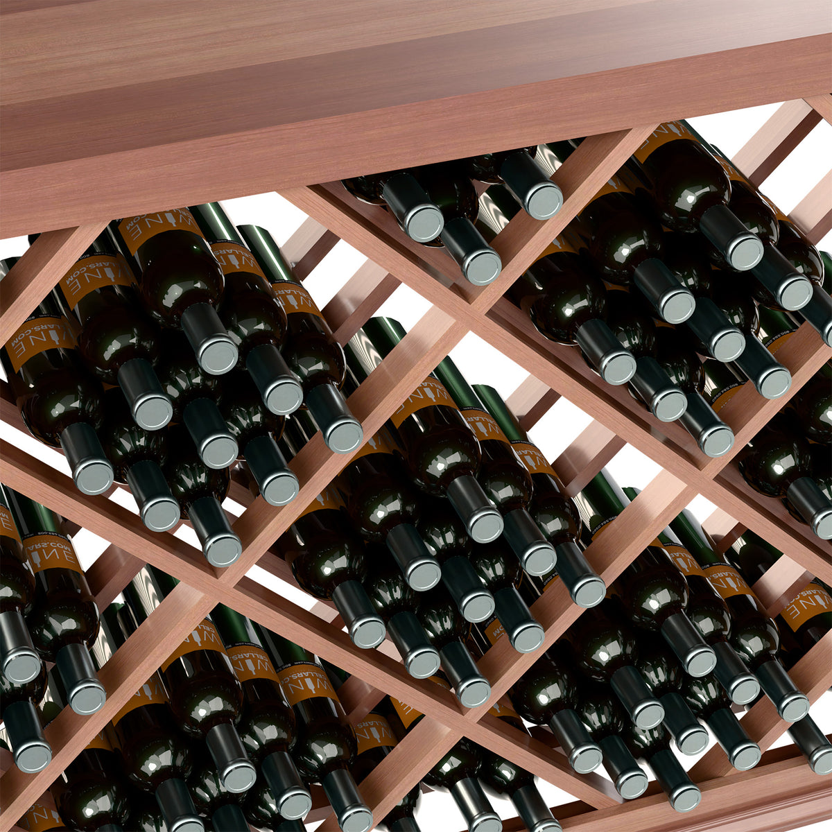 Warm-toned wood lattice wine bottle rack close-up with diamond grid and bottle rows