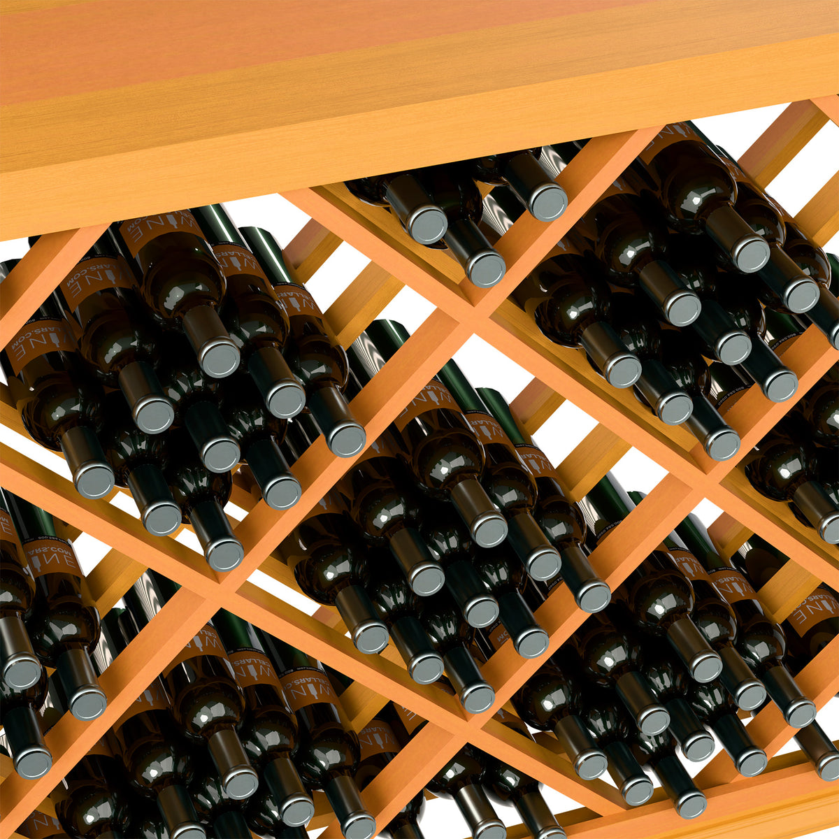 Half-height wine bottle rack with diamond lattice, orange wood frame, holds dark bottles