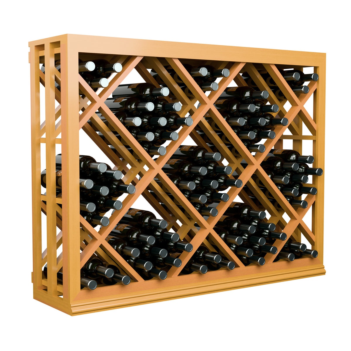 Half-height wine bottle rack with diamond lattice, light wood frame, bottle rows visible