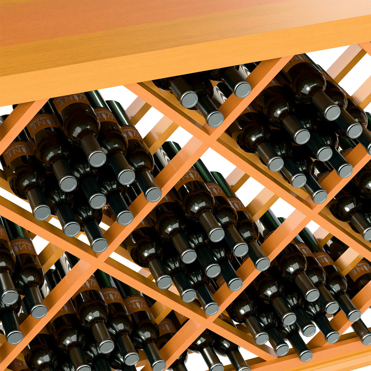 Half-height wine bottle rack with diamond lattice, close-up of orange frame and dark bottles