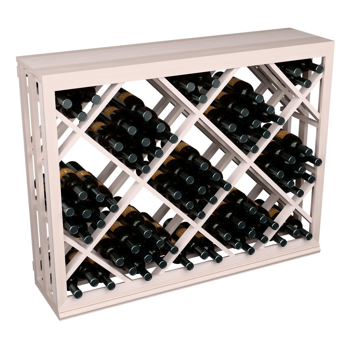 Half-height wine bottle rack with diamond lattice, white-painted frame, holds dark bottles