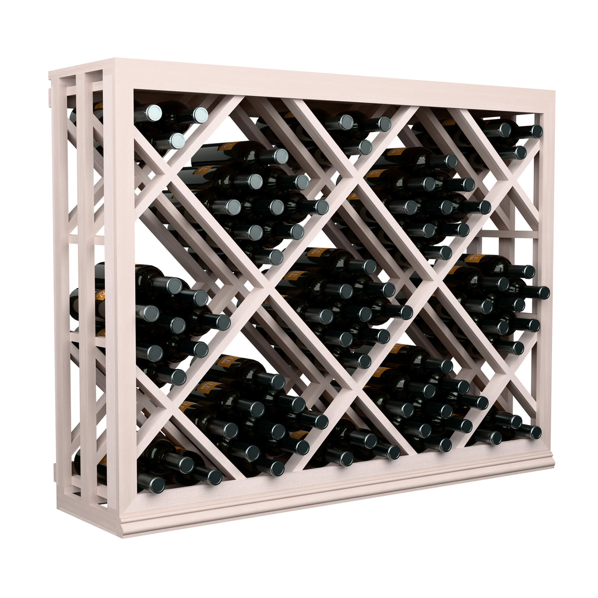 Half-height wine bottle rack with diamond lattice, white-painted frame, bottles in open grid
