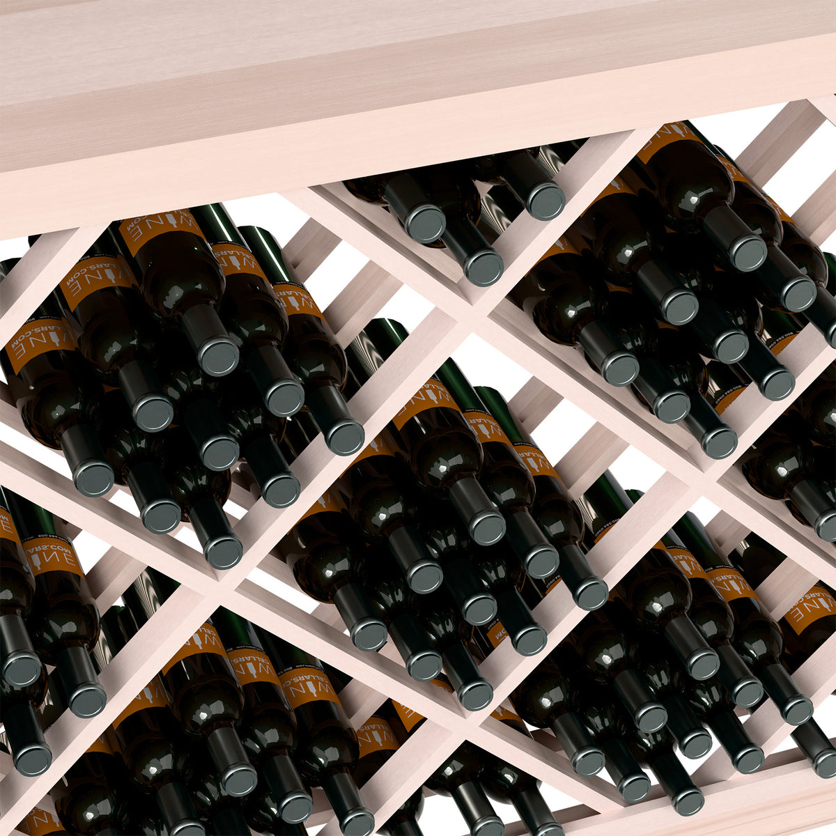Half-height wine bottle rack with diamond lattice, close-up of light orange frame and bottles