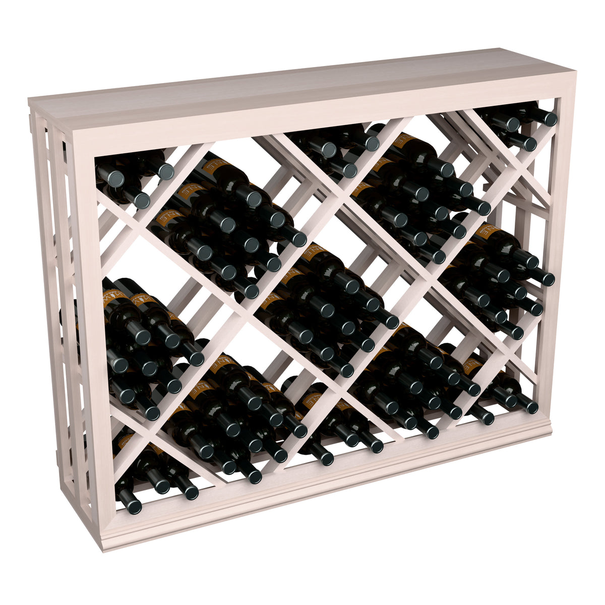 Half-height wine bottle rack with diamond lattice, white-painted frame, front view with bottles