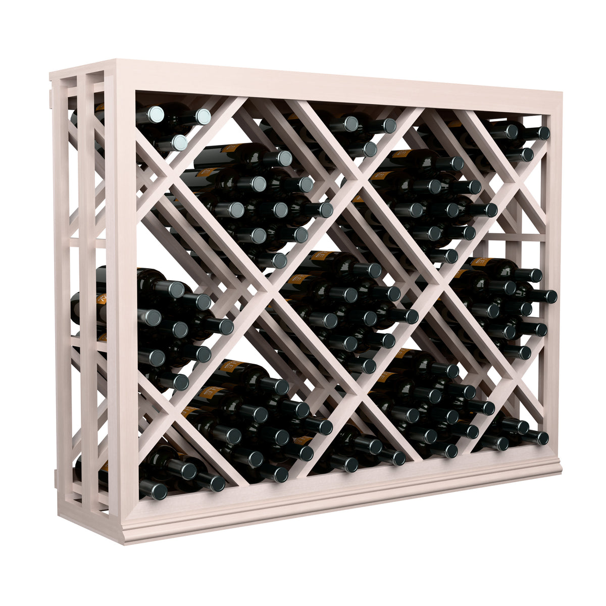 Half-height wine bottle rack with diamond lattice, light wood frame, open bottle storage
