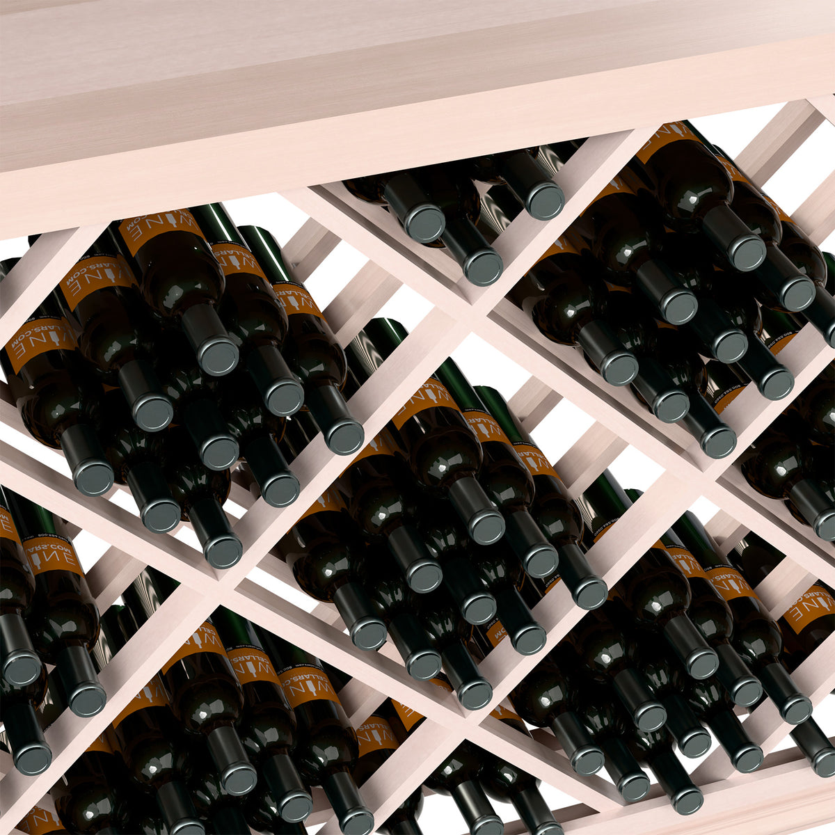 Half-height wine bottle rack with diamond lattice, close-up of bottles in light orange frame