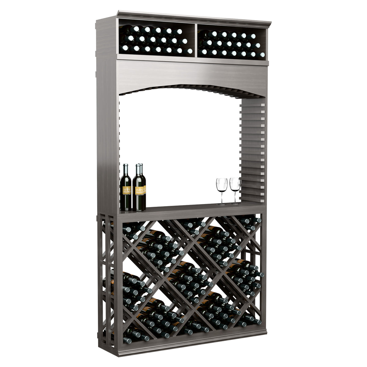 Wine tasting station in dark gray with archway and diamond lattice bottle rack