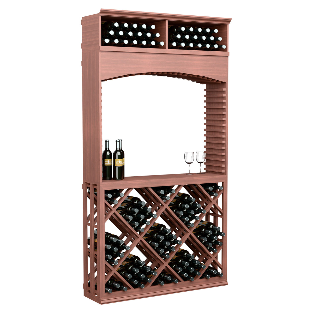 Red-brown wine tasting station with arched top and diamond lattice wine bottle storage