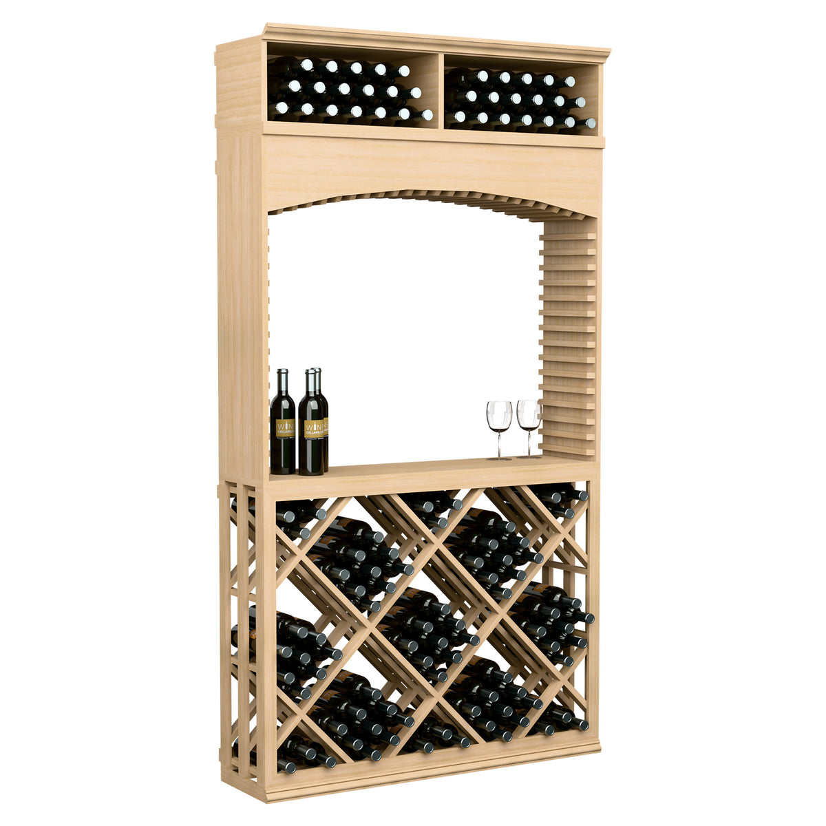 Light wood wine tasting station with arched top and diamond lattice wine bottle storage