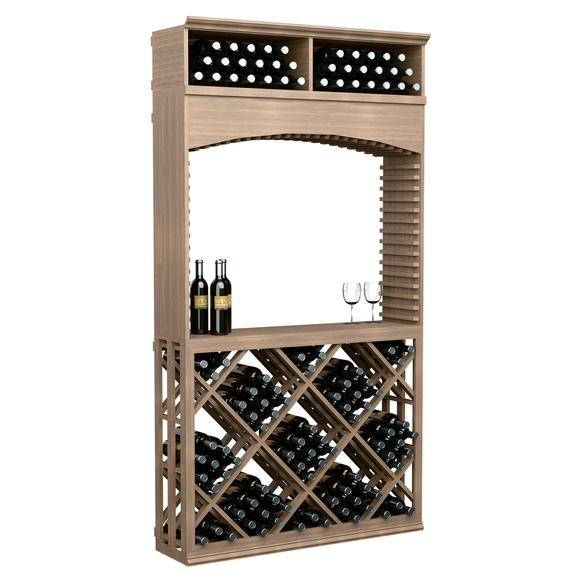 Warm light wood wine tasting station with arched top and diamond lattice bottle storage