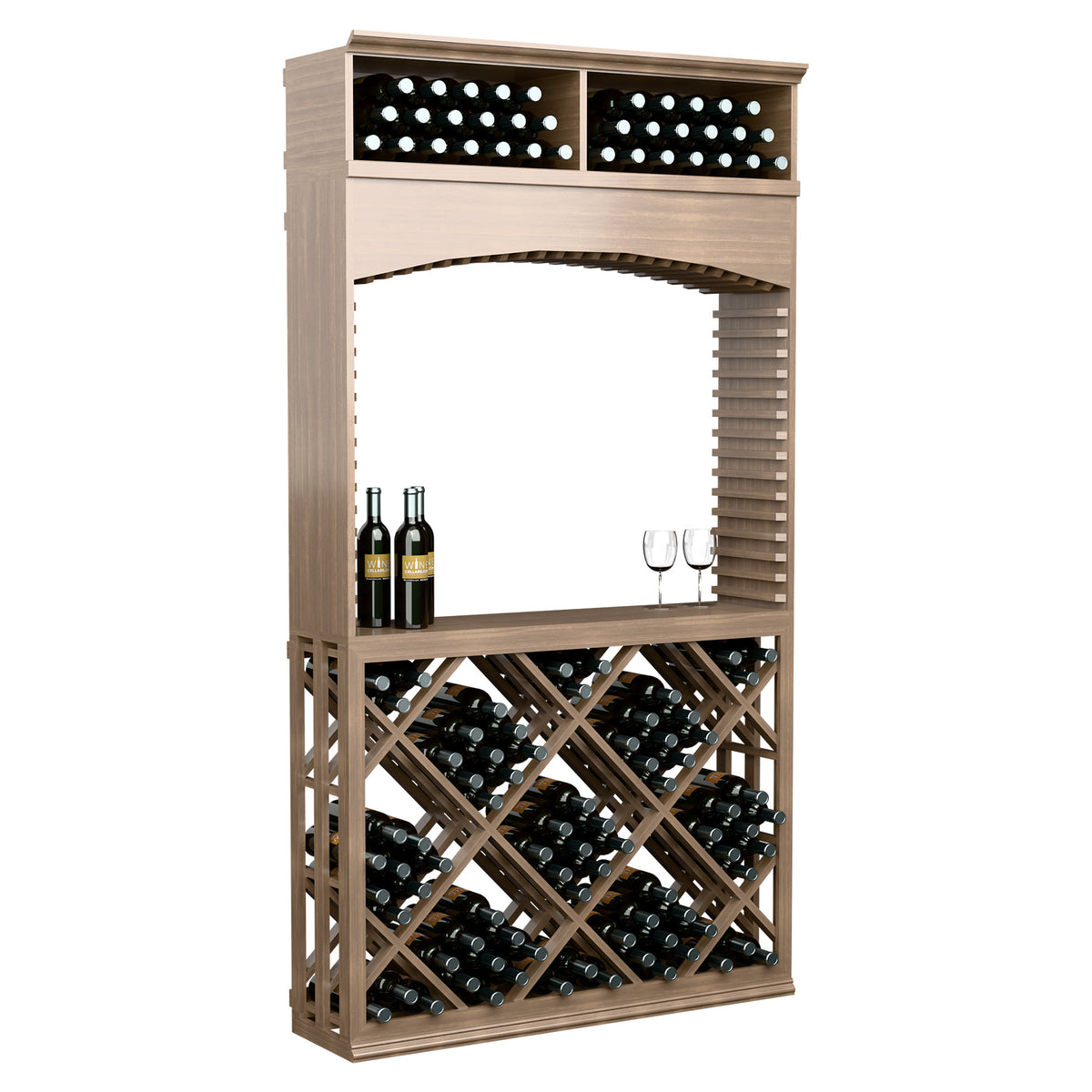 Wine tasting station in warm light wood with archway and diamond lattice bottle rack