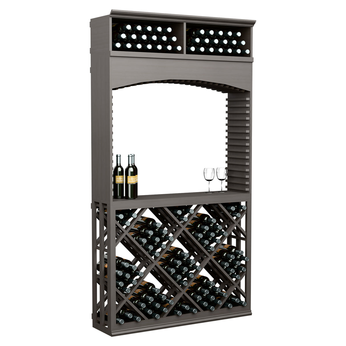 Dark gray wine tasting station with arched top and diamond lattice wine bottle storage