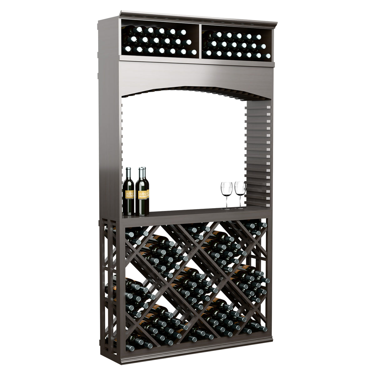 Wine tasting station in dark gray with archway and diamond lattice bottle rack