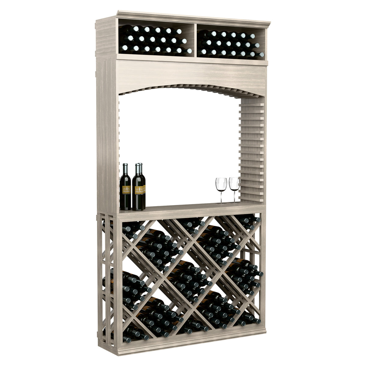 Dark wood wine tasting station with archway, lattice diamond wine rack, wine bottles and glass