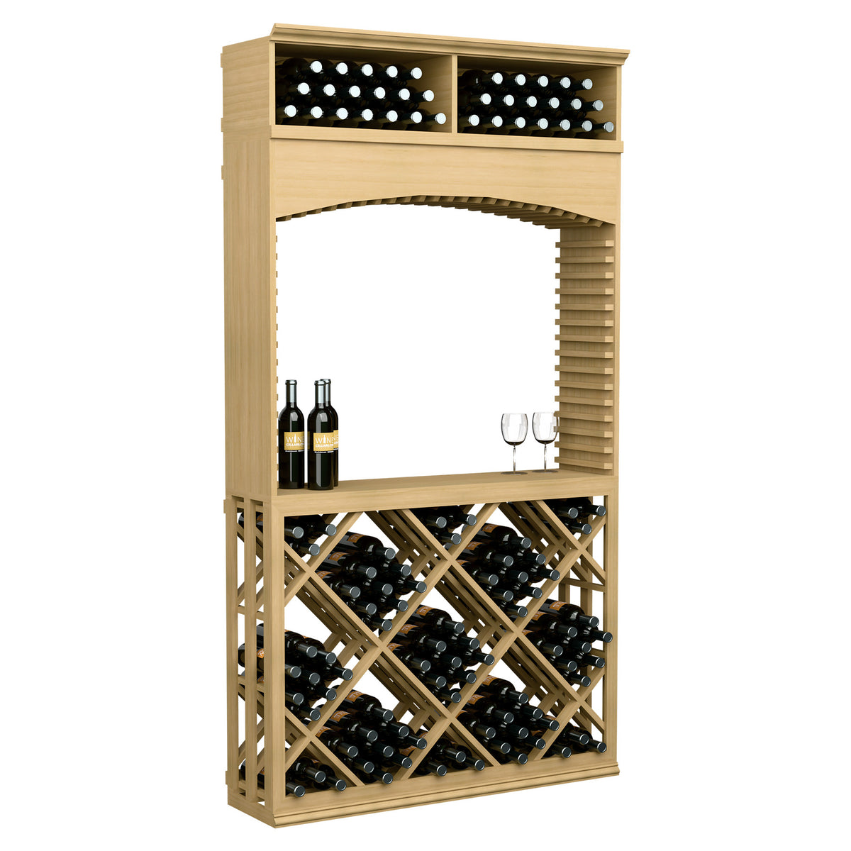Light wood wine tasting station with archway and lattice diamond wine rack, bottles and wine glass