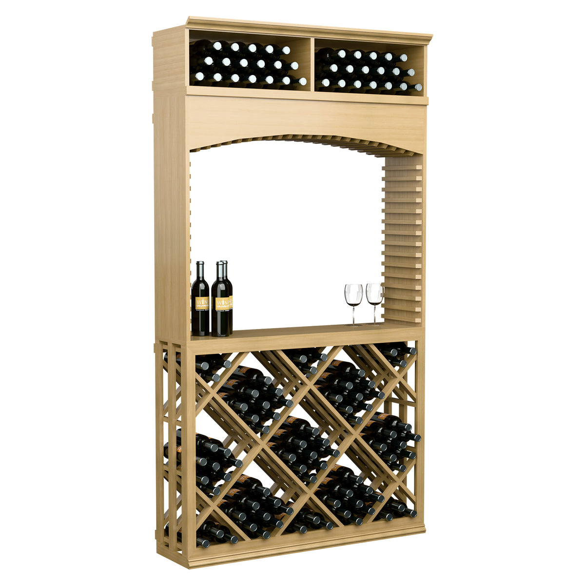 Light wood wine tasting station with archway, lattice diamond wine rack, bottle, and glass