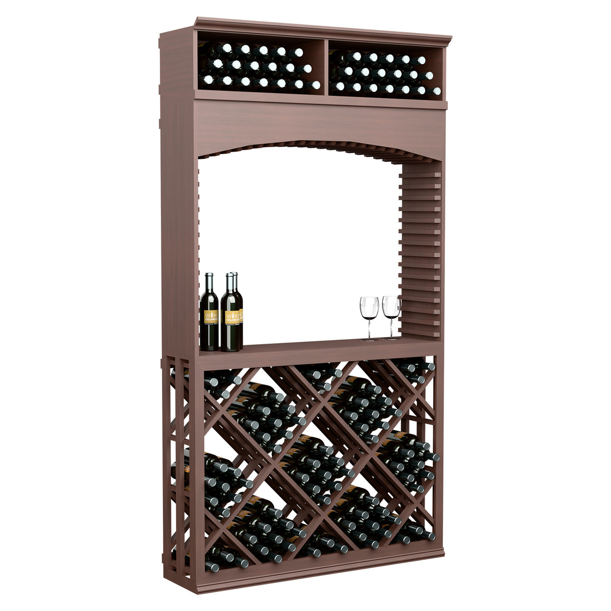 Brown wood wine tasting station with archway and lattice diamond wine rack, bottles and glass