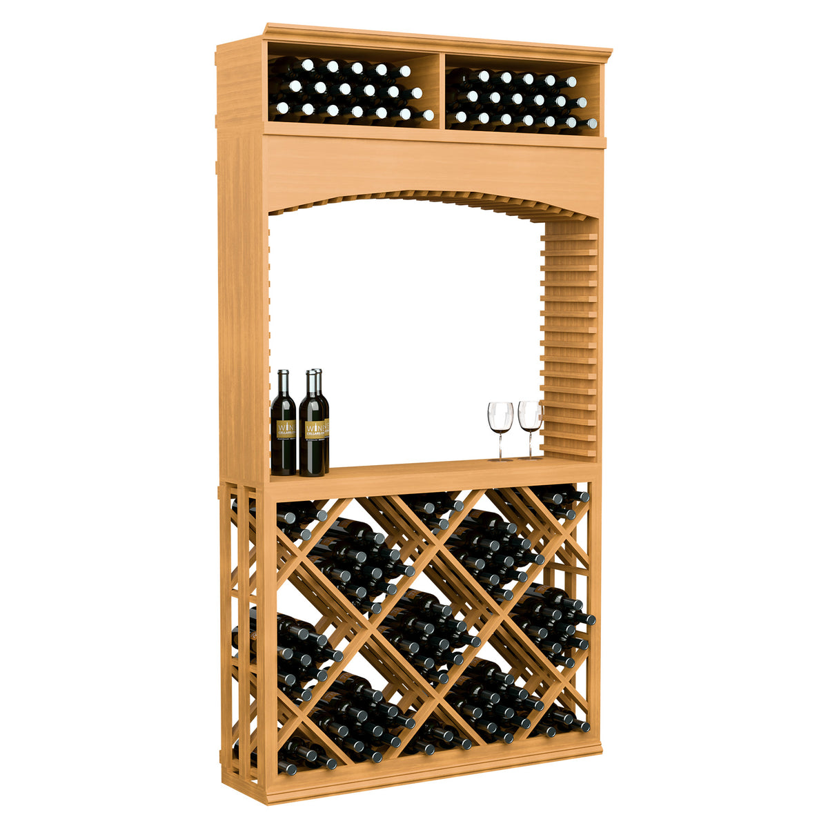 Natural wood wine tasting station with archway and lattice diamond wine rack, bottles and glass