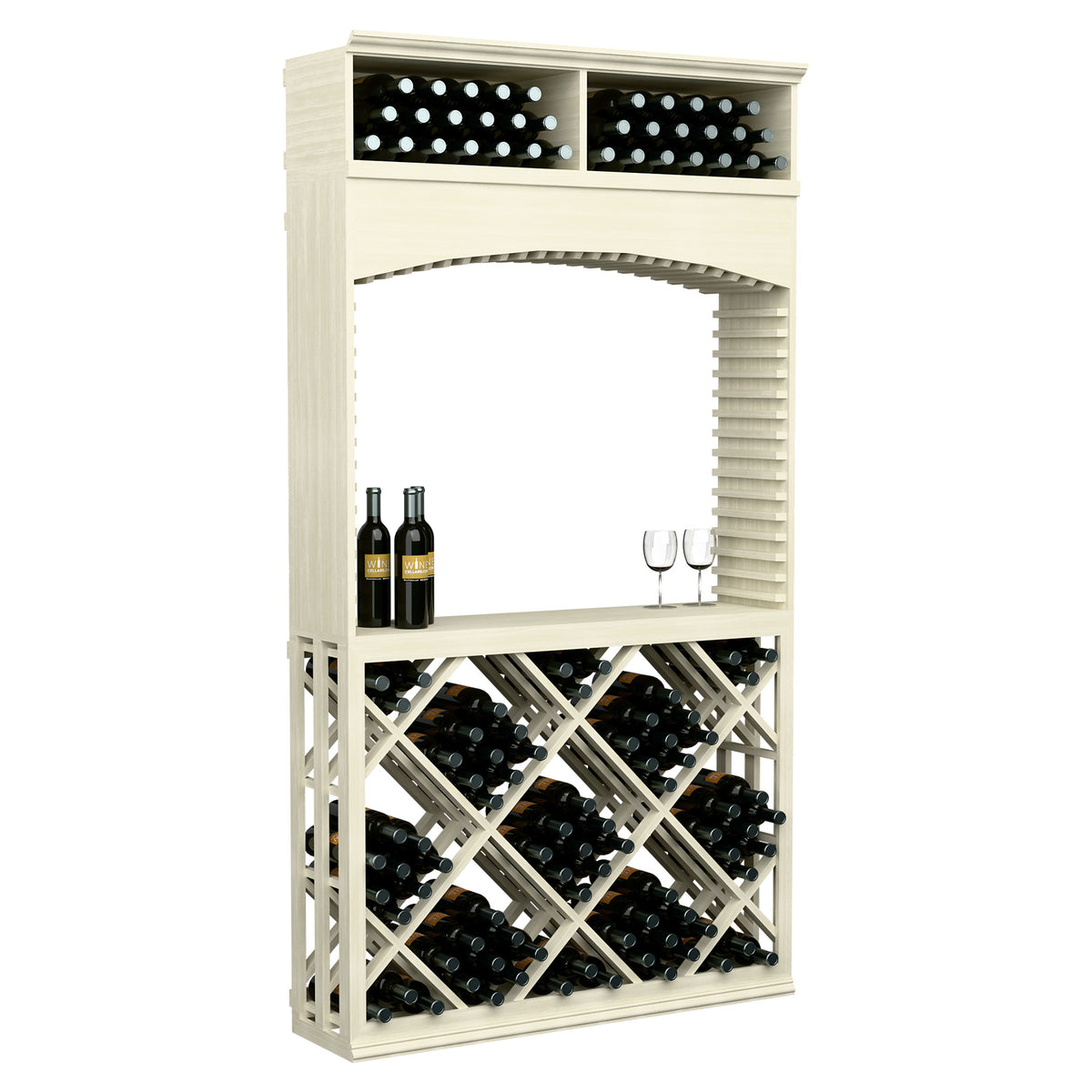 White-toned wood wine tasting station with archway and lattice diamond wine rack, bottles and glass