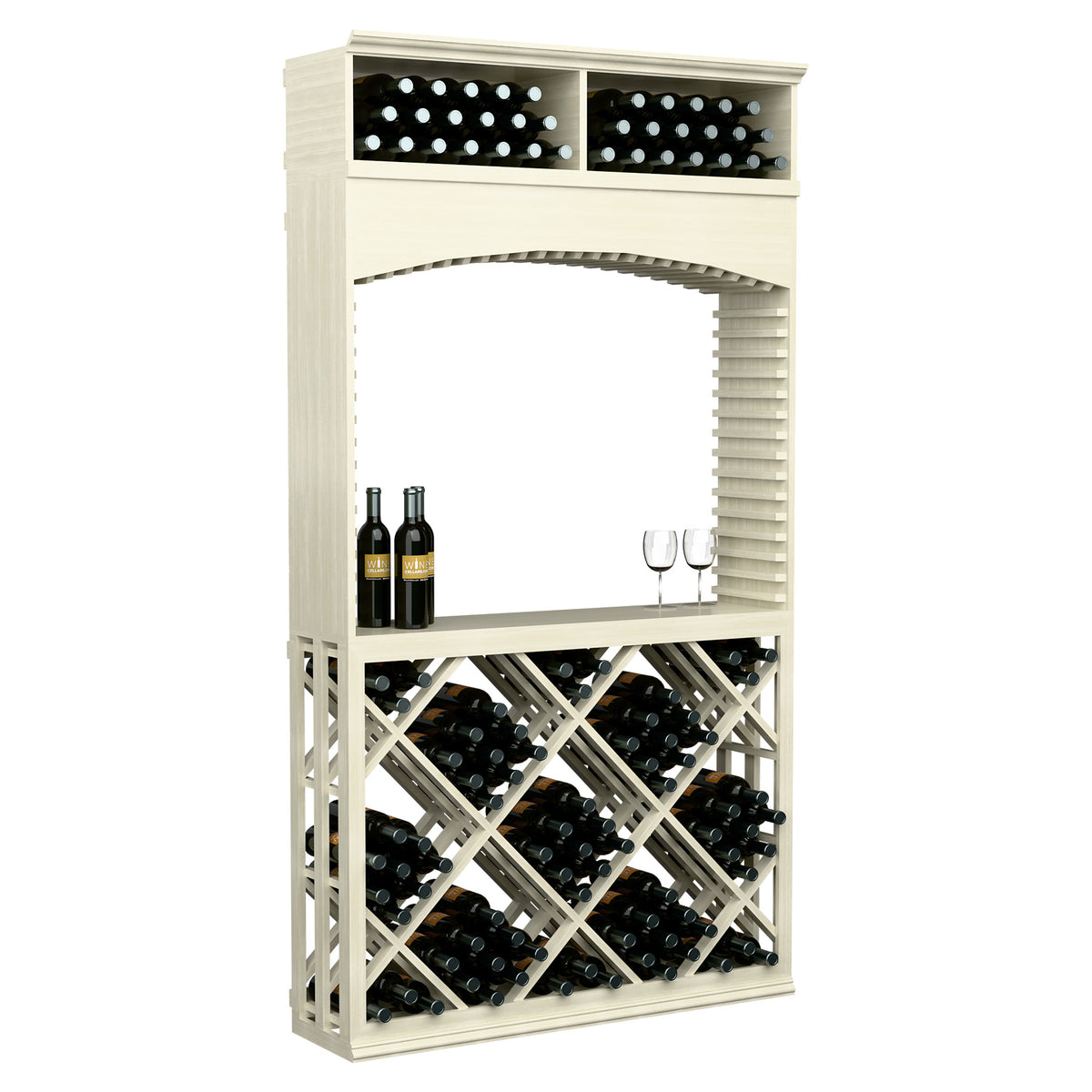 White-toned wood wine tasting station with archway and lattice diamond wine rack, wine bottles and glass