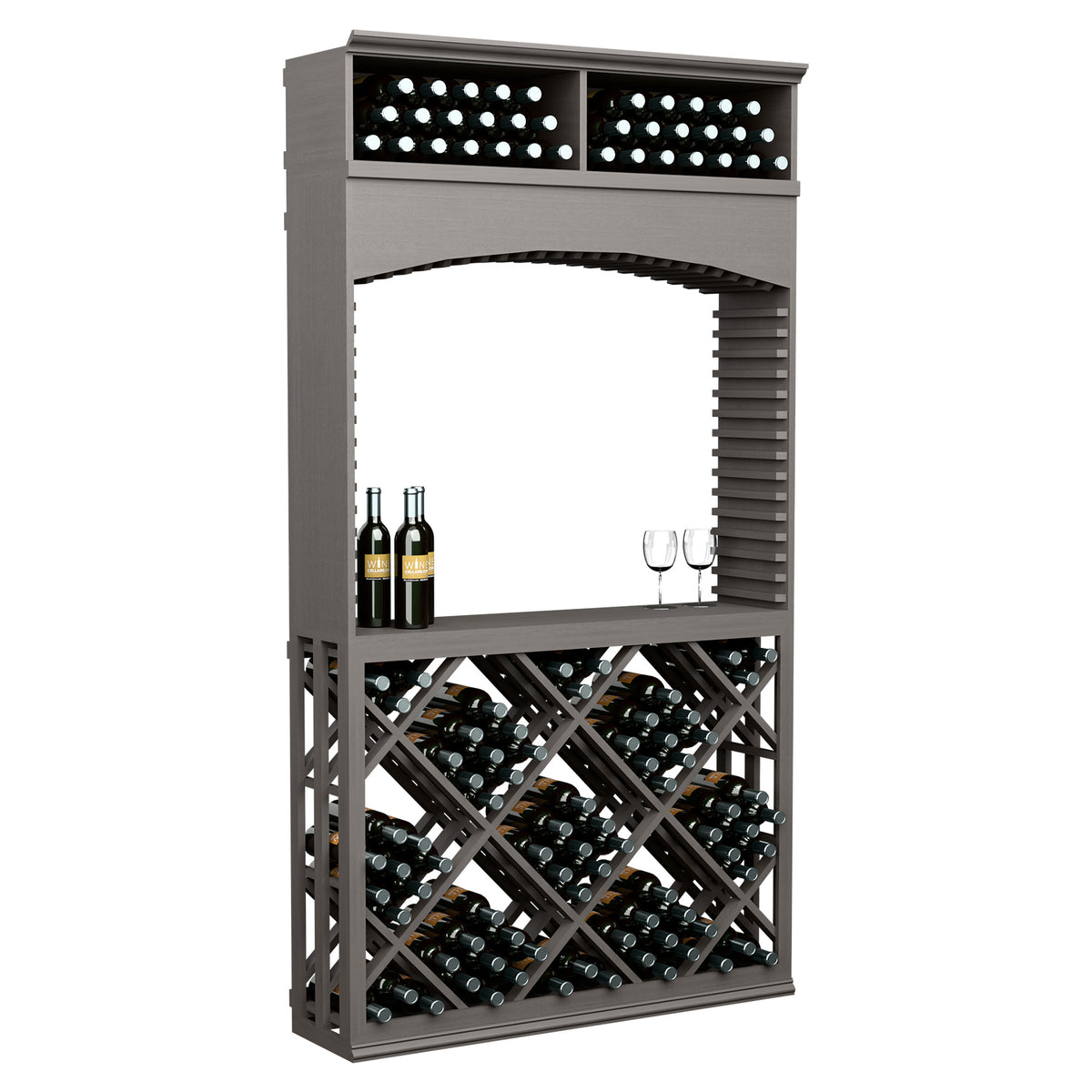 Wine tasting station with archway and diamond lattice wine rack, dark gray