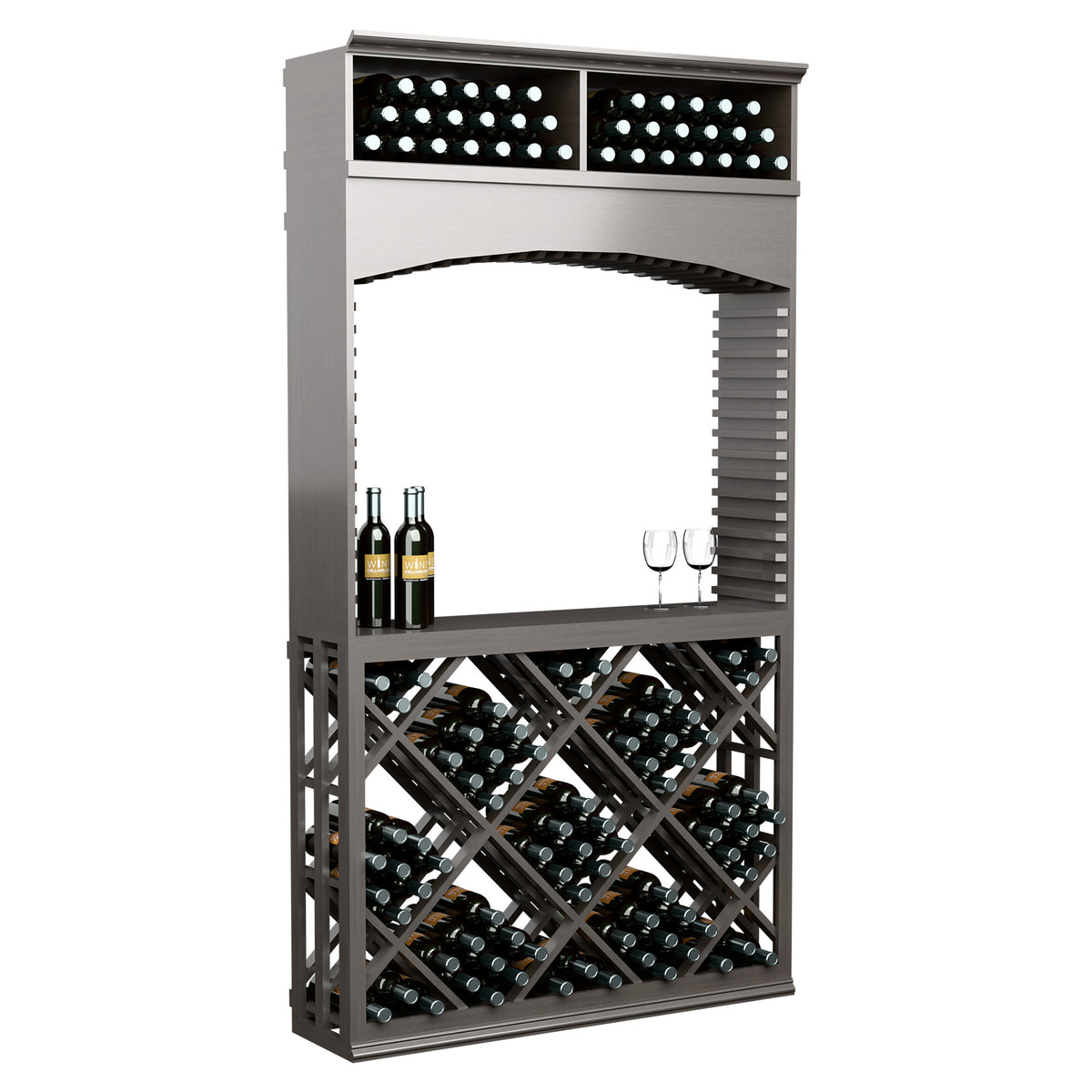 Wine tasting station with archway and diamond lattice wine rack, dark gray with bottles