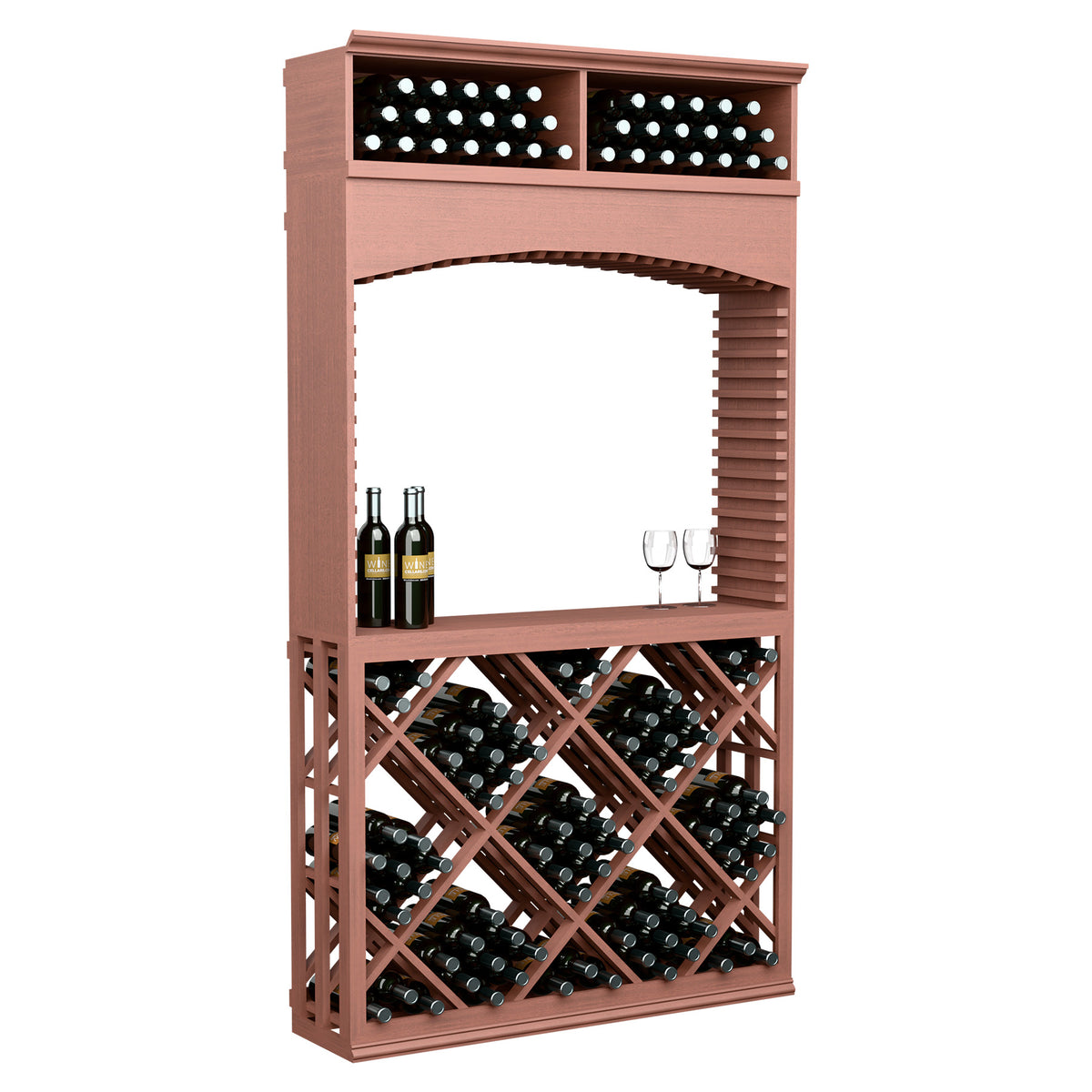 Wine tasting station with archway and diamond lattice wine rack, reddish-brown