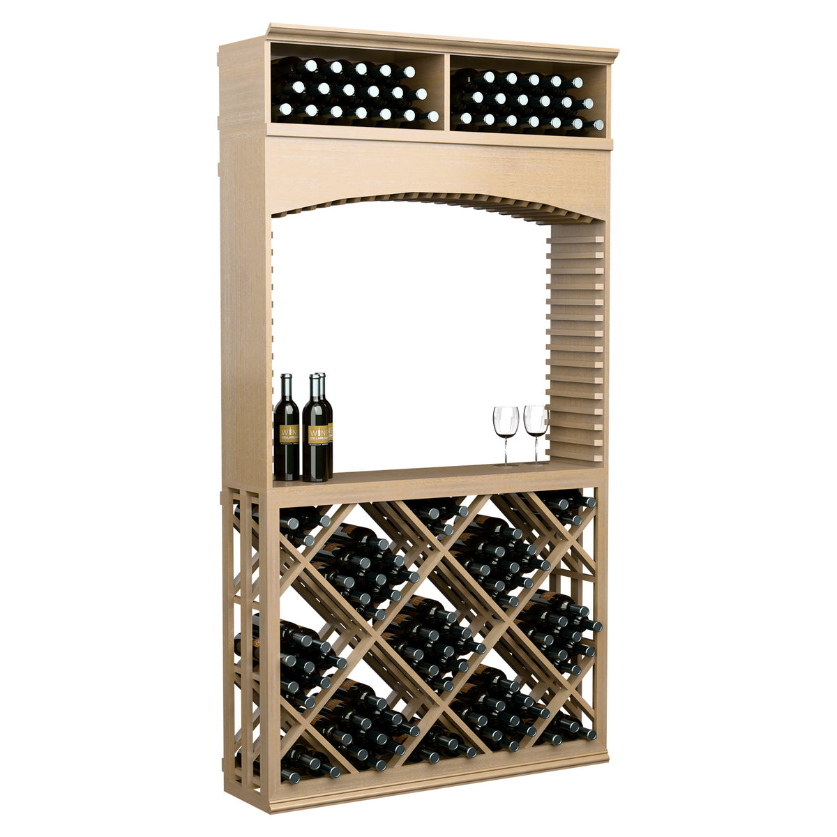 Wine tasting station with archway and diamond lattice wine rack, light beige with bottles